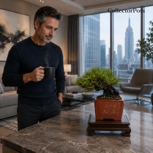 May include: A bonsai tree with green needles planted in a rectangular terracotta-coloured ceramic pot featuring gold-coloured decorative symbols on the front. The pot rests on a dark brown wooden display stand with four small feet.