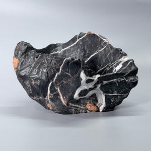 May include: A bowl carved from a single piece of black stone featuring prominent white mineral veins running throughout the surface. The exterior has a rough, organic texture with small patches of reddish-brown mineral deposits visible.