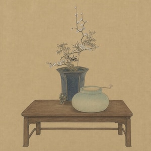 May include: A painting of a dark blue hexagonal planter containing a flowering branch with white blossoms, placed next to a light green rounded ceramic jar with a small spoon on a brown wooden table against a tan background.