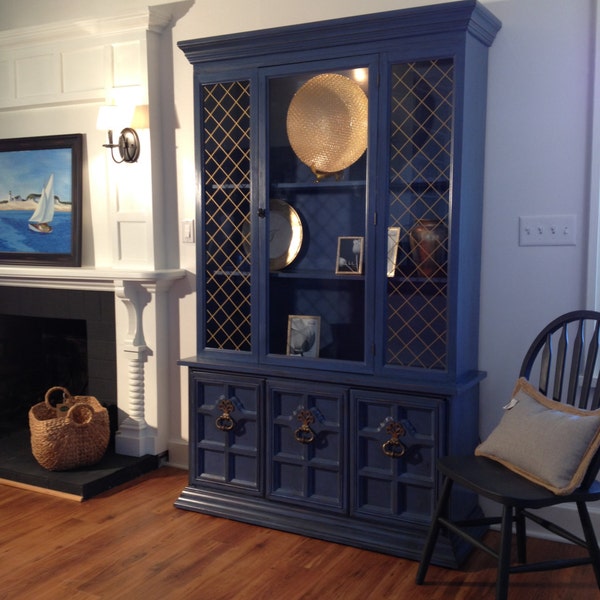 Stunning, Blue and Gold, Vintage Display Cabinet, China Cabinet