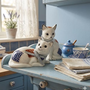 Cat Set of Vintage Ceramic Patchwork White