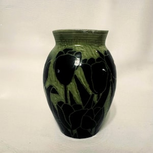 Karis Swink Barry Studio Green Floral Pottery Vase Artist Signed