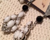 Vintage White Milk Glass Navette and Rhinestone Earrings, Vintage Assemblage Earrings, Vintage Repurposed Earrings, Victorian Style Earrings