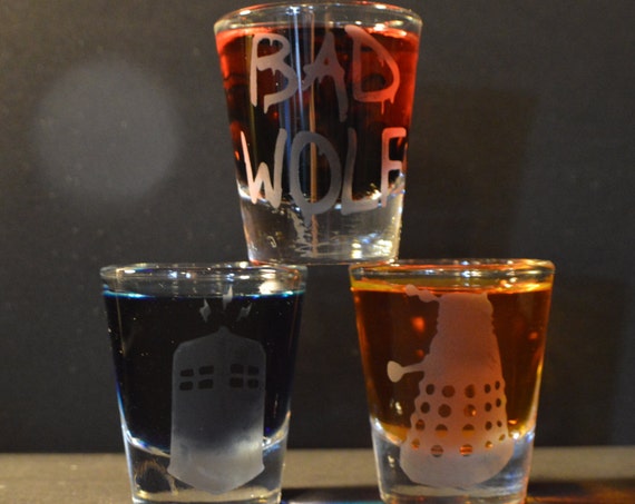Dr. Who etched shot glass set of 3 fan art