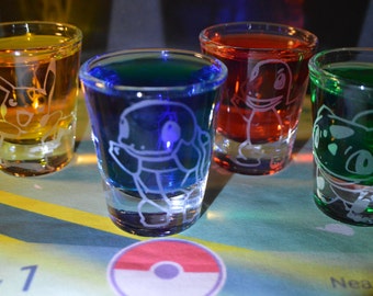 Pokemon starters + pikachu etched shot glass set of 4 fan art