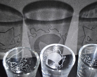 Gastly, Haunter, Gengar engraved shot glass set of 3