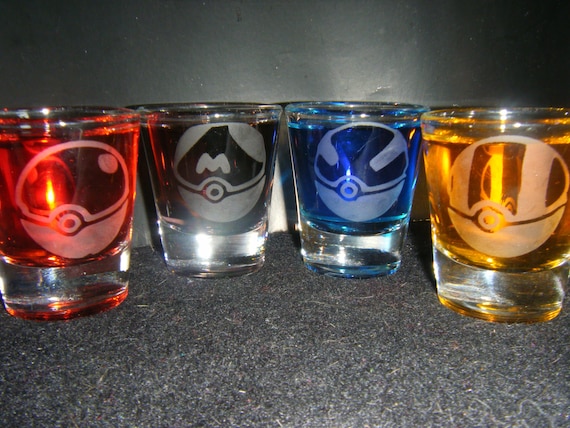 Pokemon Pokeball etched shot glass set of 4 fan art