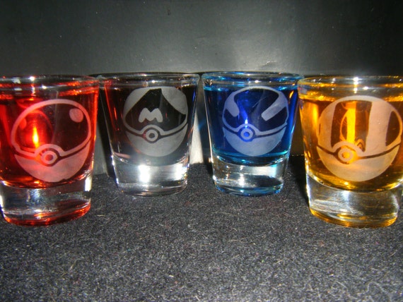 Pokemon Pokeball etched shot glass set of 4 fan art