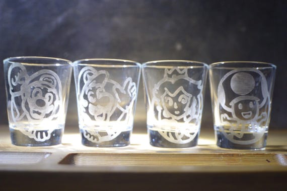 Mario, Luigi, Peach, Toad etched shot glass set of 4 fanart READY FOR MAILING