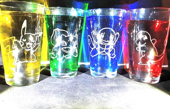 Cute Pokemon starters + pikachu etched pub glass set of 4 fan art