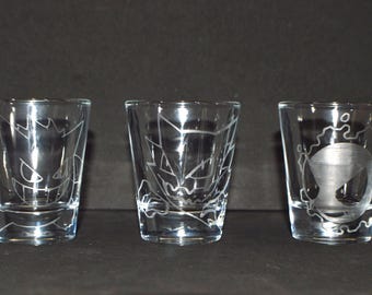 Juego de 3 vasos de chupito grabados con Gastly, Haunter y Gengar