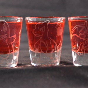 Charmander, Charmeleon, Charizard engraved shot glass set of 3