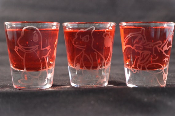 Charmander, Charmeleon, Charizard engraved shot glass set of 3