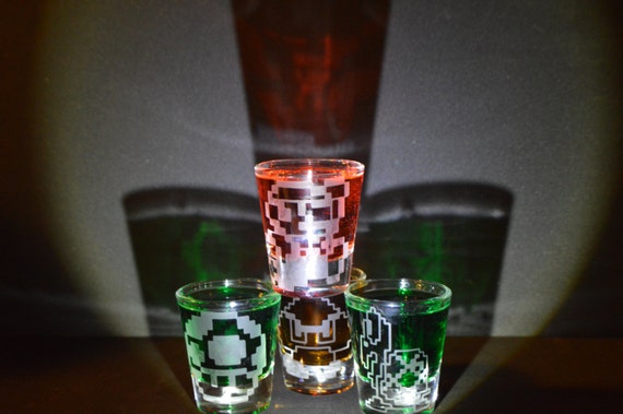 Retro 8 bit Mario sprites set of 4 etched shot glasses