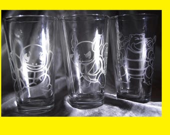 Bulbasaur, Wartortle, Blastoise - Juego de 3 vasos de bar grabados con Pokémon, arte de fan