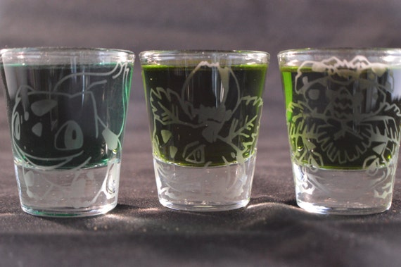 Bulbasaur, Ivysaur, Venusaur engraved shot glass set of 3