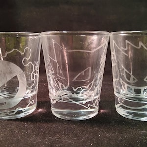Gastly, Haunter, Gengar engraved shot glass set of 3