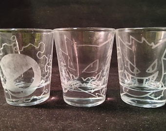 Juego de 3 vasos de chupito grabados con Gastly, Haunter y Gengar