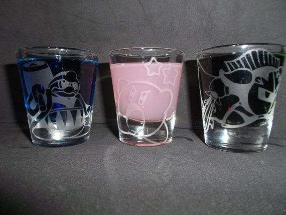 Kirby etched shot glass set of 3 fan art