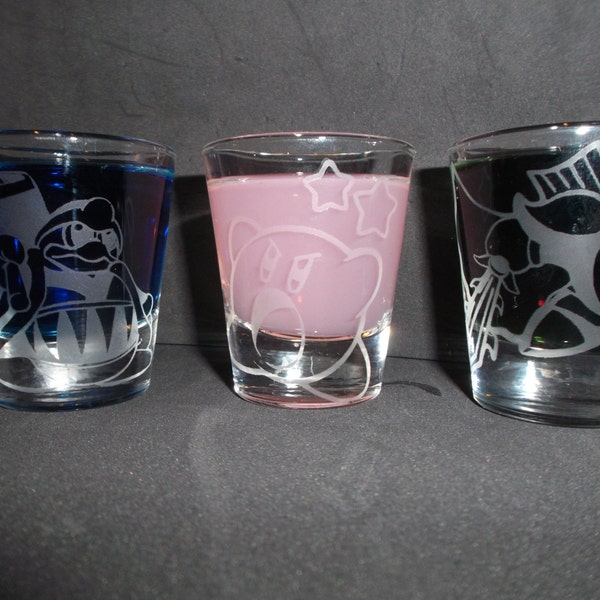 Kirby etched shot glass set of 3 fan art