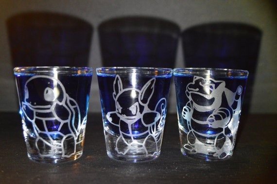 Squirtle, Warturtle, Blastoise engraved shot glass set of 3