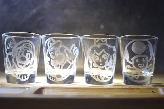Mario, Luigi, Peach, Toad etched shot glass set of 4 fanart READY FOR MAILING