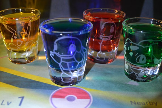 Pokemon starters + pikachu etched shot glass set of 4 fan art