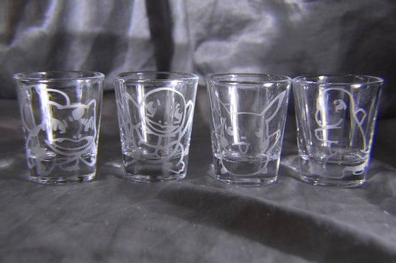 Cute Pokemon starters + pikachu etched shot glass set of 4 fan art READY FOR MAILING