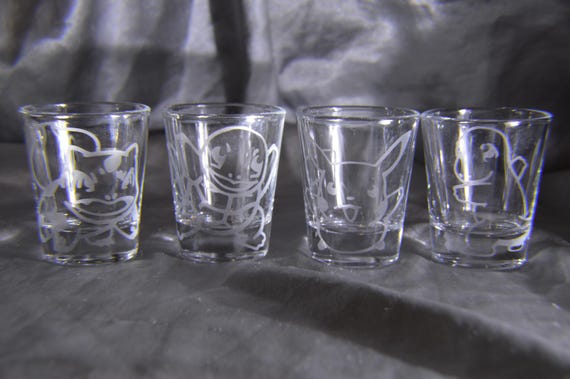 Cute Pokemon starters + pikachu etched shot glass set of 4 fan art