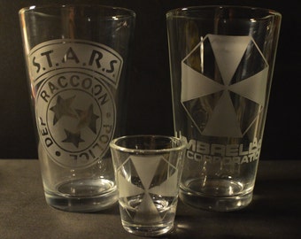 STARS and Umbrella resident evil pub glass set of 2 plus shot