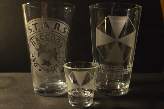 STARS and Umbrella resident evil pub glass set of 2 plus shot