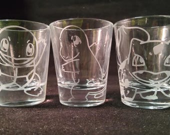 Set de vasos de chupito iniciales de Pokémon grabados, arte de fan