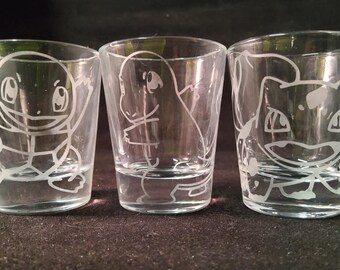 Set de vasos de chupito iniciales de Pokémon grabados, arte de fan