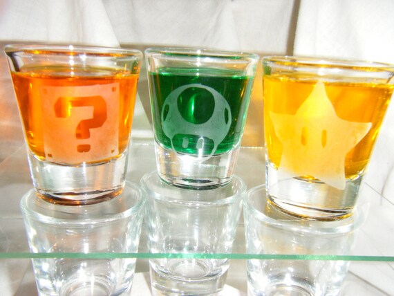 Mario power ups etched shot glass set of 3 fan art