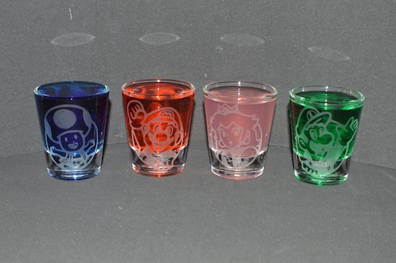 Mario, Luigi, Peach, Toad etched shot glass set of 4 fan art