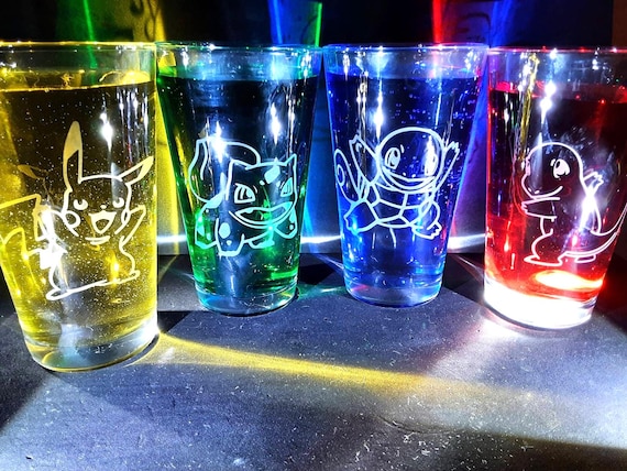 Cute Pokemon starters + pikachu etched pub glass set of 4 fan art