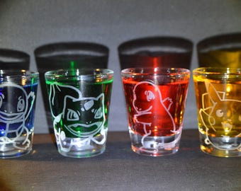 Cute Pokemon starters + pikachu etched shot glass set of 4 fan art