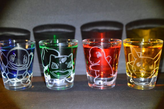 Cute Pokemon starters + pikachu etched shot glass set of 4 fan art