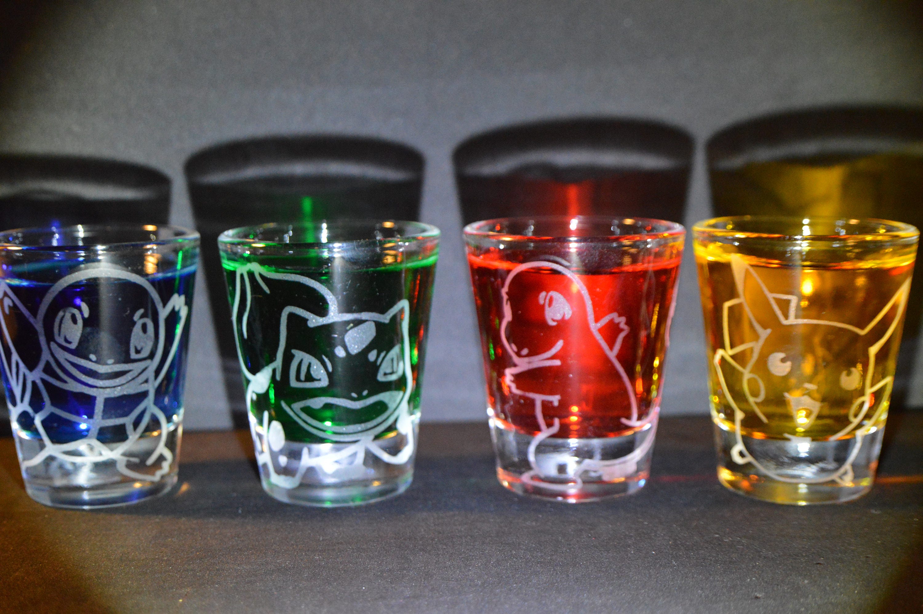 Cute Pokemon starters pikachu etched shot glass set of 4 fan art