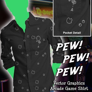 Puede incluir: Una camisa negra de botones con un diseño pixelado blanco de una nave espacial. La camisa tiene un bolsillo con el mismo diseño. El texto "PEW! PEW! PEW!" está escrito en blanco sobre un fondo negro. El texto "Vector Graphics Arcade Game Shirt design created by Vorpal Threads" está escrito en blanco sobre un fondo negro.