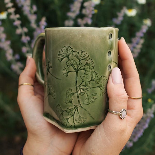 Ginkgo Tree Mug, Ginkgo Leaf, Handmade Mug, Handmade Ceramic Mug, Unique Coffee Mug Handmade, Coffee Mug, Green Ceramic Cup, Ginkgo Mug