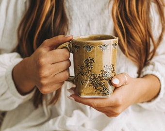 Bumble Bee Mug, Tan Bee Mug, Handmade Ceramic Mug,  Boho Kitchen Mug, Wild Flower Decor, Farmhouse Mug, Unique Coffee Gift Mom