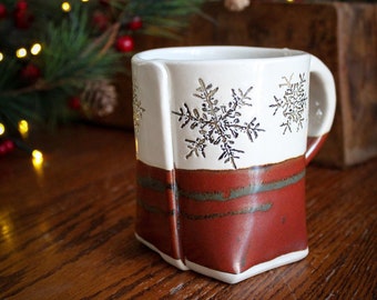 Red White Snowflake Mug, Snowflake Cup, Ceramic Christmas Mug, Rustic Coffee Cup, Winter Coffee Cup, Handmade Ceramic Mug, Handmade Mug