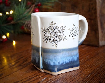 Blue White Snowflake Mug, Snowflake Cup, Ceramic Christmas Mug, Rustic Coffee Cup, Winter Coffee Cup, Handmade Ceramic Mug, Handmade Mug