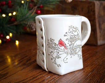 Red Cardinal Mug, Ceramic Christmas Mug, Cardinal Gift, Rustic Coffee Cup, Winter Pottery Cup, Handmade Holiday Mug, Handmade Mug, Cardinals