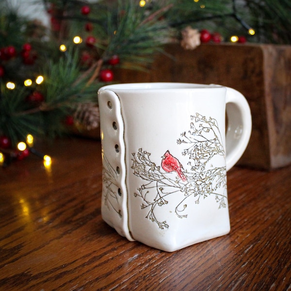 Red Cardinal Mug, Ceramic Christmas Mug, Cardinal Gift, Rustic Coffee Cup, Winter Pottery Cup, Handmade Holiday Mug, Handmade Mug, Cardinals