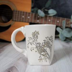 White Floral Button Mug, Farmhouse Kitchen Mug, Farm House Kitchen Design, Wildflower ceramics, Flower child art, Handmade Ceramics, Tea Cup