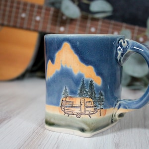 Camping Mug, Mountain Climbing Mug, Fireflies, Camping Coffee Cup, Hiking Gift, North Woods Camping Cup, Ceramic Mug Handmade, Camper Decor
