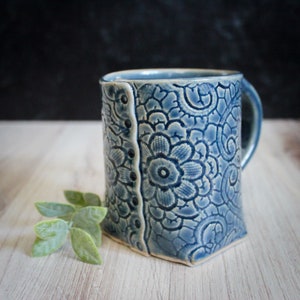 Blue Lace Mug, Handmade Ceramic Coffee Mug, Unique Tea Cup, Lace Pottery, Stoneware Mug, Farmhouse Kitchen Coffee Cup, Button Mug, Colleen