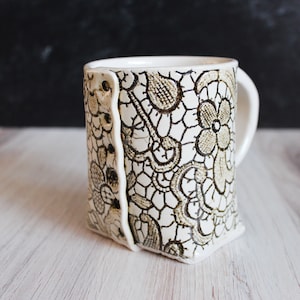 White Lace Mug, Colleen Deiss Designs, Ceramic Coffee Cup, Slab Built Mug, Pottery Latte Mug, Lace Pottery, Antique Lace Designs, Button Mug